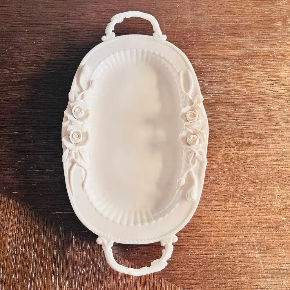 Grace Tea Ware White Porcelain Serving Tray Applied Roses Double Handle 12